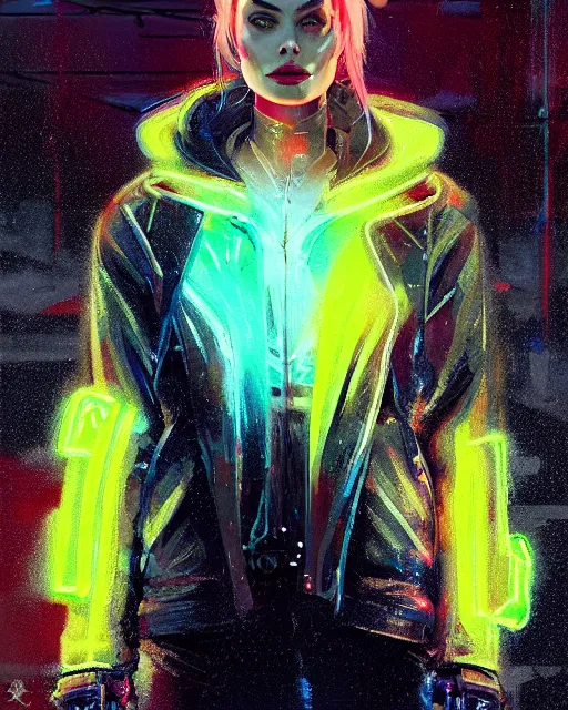 Image similar to neon operator margot robbie, cyberpunk futuristic neon, reflective puffy coat, decorated with traditional japanese ornaments by ismail inceoglu dragan bibin hans thoma greg rutkowski alexandros pyromallis nekro rene maritte illustrated, perfect face, fine details, realistic shaded, fine - face, pretty face