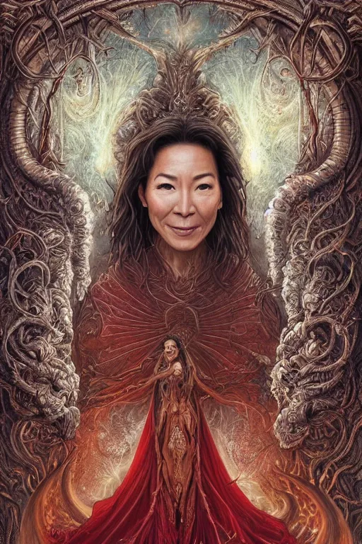 Image similar to A beautiful detailed tarot card of Michelle Yeoh, by tomasz alen kopera and Justin Gerard, symmetrical features, ominous, magical realism, texture, intricate, ornate, royally decorated, whirling smoke, embers, red adornements, red torn fabric, radiant colors, fantasy, trending on artstation, volumetric lighting, micro details, 3d sculpture, ray tracing, 8k, anaglyph effect