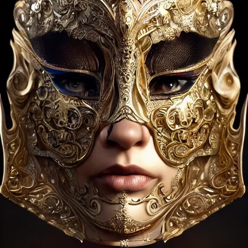 Image similar to Very very very very highly detailed epic photo of full face with beautiful ornamental venetian mask, intricate, dystopian, sci-fi, extremely detailed, digital painting, artstation, concept art, smooth, sharp focus, illustration, intimidating lighting, incredible art by Artgerm and Vincent di Fate and Anton Pieck