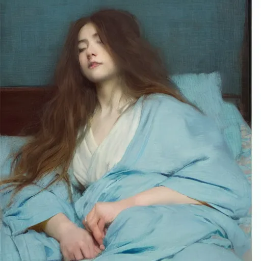 Image similar to girl with long wavy hair, in lightblue kimono, sitting on bed, by jeremy lipking, serge marshennikov, joseph todorovitch