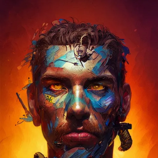 Image similar to Rugged soldier, handsome, colorful, surreal, dramatic lighting, face, upper body, detailed, intricate, elegant, highly detailed, digital painting, artstation, concept art, smooth, sharp focus, illustration, art by Sam Spratt, Dan Mumford, Artem Demura and Alphonse Mucha