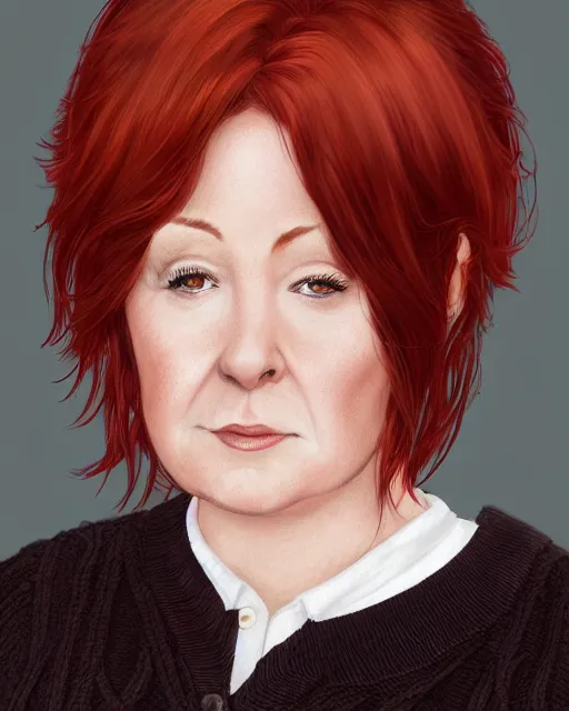 Image similar to portrait of short and plump 5 0 - year - old woman with red hair and, kind face, round face, short hair, molly weasley, wearing in cardigan, hyper realistic face, beautiful eyes, character art, art by mark brooks, hyperdetailed, cryengine, trending on artstation, digital art