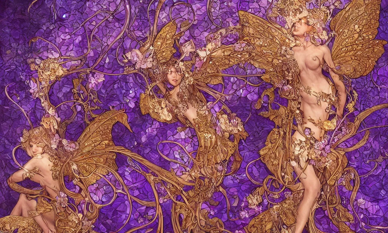 Prompt: breathtaking detailed soft painting of an intricate art nouveau bat fairy with fire amethyst ribbons, golden entertwined flowers, fireflies floating around with hyper detailed golden stained glass windows, concept art, matte, sharp focus by richard kane ferguson and Quentin Mabille, trending on Artstation