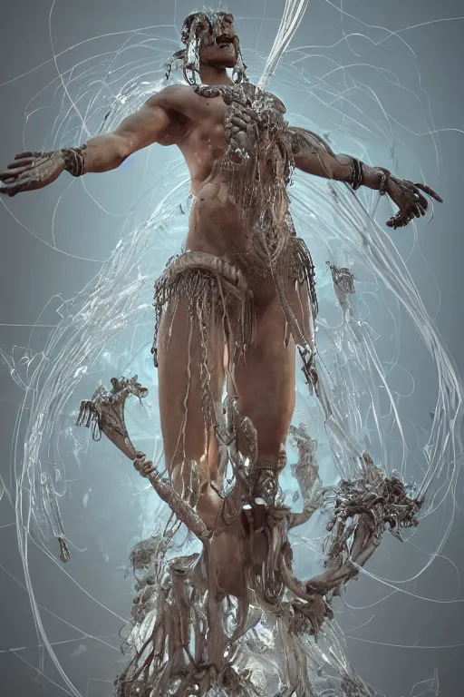 Prompt: epic 3 d oxaguian, ifa deity, liquid hands and feet spinning, 2 0 mm, with white and silver swords melting smoothly into asymmetrical cables and future technology, liquid, calm, peaceful, intricate, houdini sidefx, trending on artstation, by jeremy mann and ilya kuvshinov, jamie hewlett and ayami kojima, 3 d render