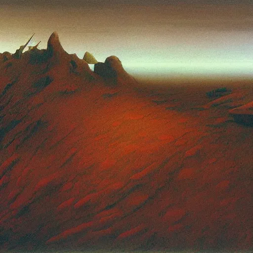 Prompt: Landscape, by Zdzisław Beksiński.