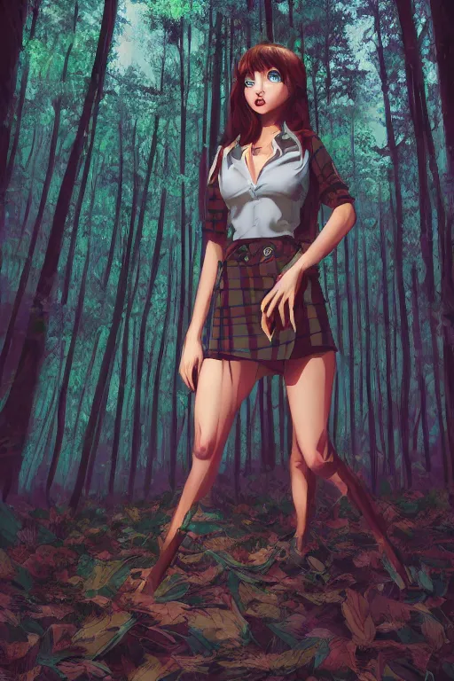 Prompt: woman in a dark forest, detailed plaid miniskirt, beautiful realistic face, detailed eyes, trending on artstation, by dan mumford, anime style, octane render, beautiful detailed body