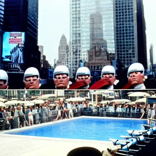 Image similar to still of donald trump clones invading time square, wearing medieval helmets, in american psycho ( 1 9 9 9 ), and still of liminal swimming pools, in american psycho ( 1 9 9 9 )