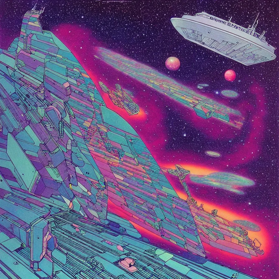 Image similar to ( ( ( ( a huge ship moving through a dimensional gap at the end of the galaxy. ) ) ) ) by mœbius!!!!!!!!!!!!!!!!!!!!!!!!!!!, overdetailed art, colorful, artistic record jacket design