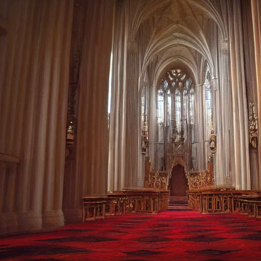 Image similar to man in large throne room of grand cathedral, sitting alone, shadows, fantasy, wallpaper