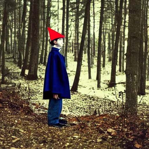 Image similar to portrait of wirt from over the garden wall. a 1 6 years old gloomy awkward boy with big brown eyes and shaggy brown hair wearing a red dunce hat and a blue navy cape, standing in the forest, kodachrome photograph, 1 9 9 5