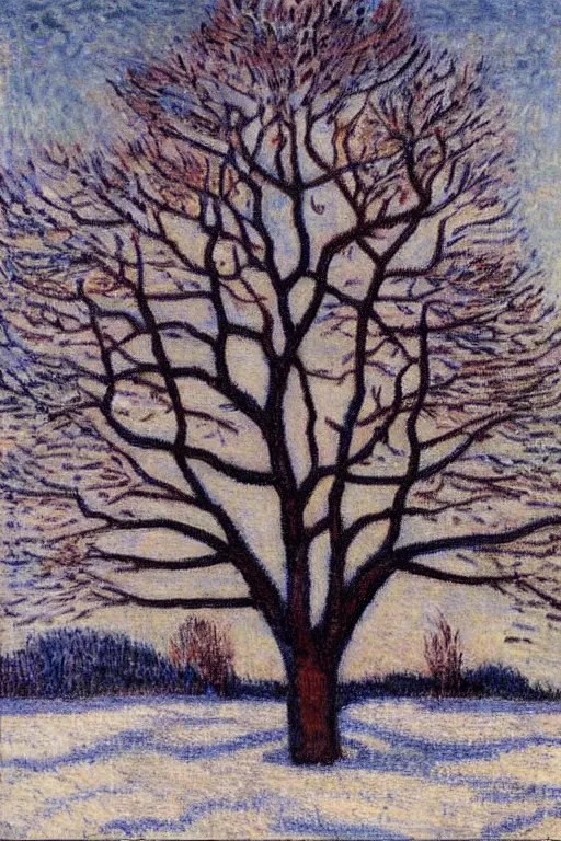 Image similar to still life oil painting of a huge tree on a barren winter landscape soft edges, medium saturation, high contrast, gustave loiseau