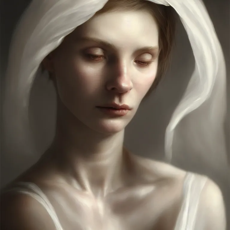 Image similar to a wonderful realistic portrait of a lonely woman with a detailed wonderful face who is dressed with a wonderful, majestic, large semi transparent white cotton dress, accent white lighting, dramatic light, octane render by roberto ferri, fantasy art, photo realistic, dynamic lighting, unreal engine rendered, artstation, poster, dramatic light, - 8 k, award winning