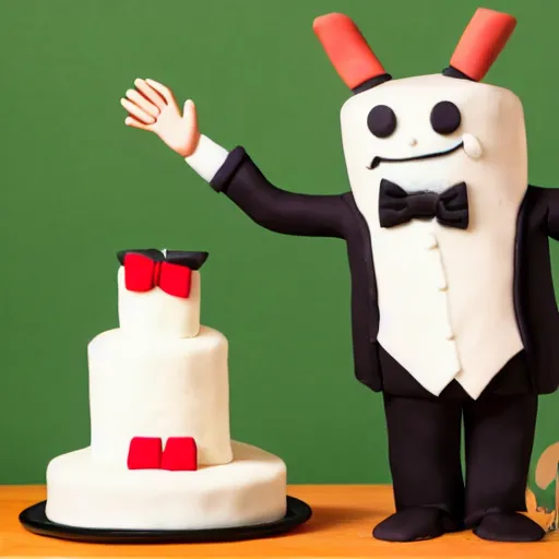 Prompt: anthropomorphic cake wearing a tuxedo, holding his hand out, facing viewer