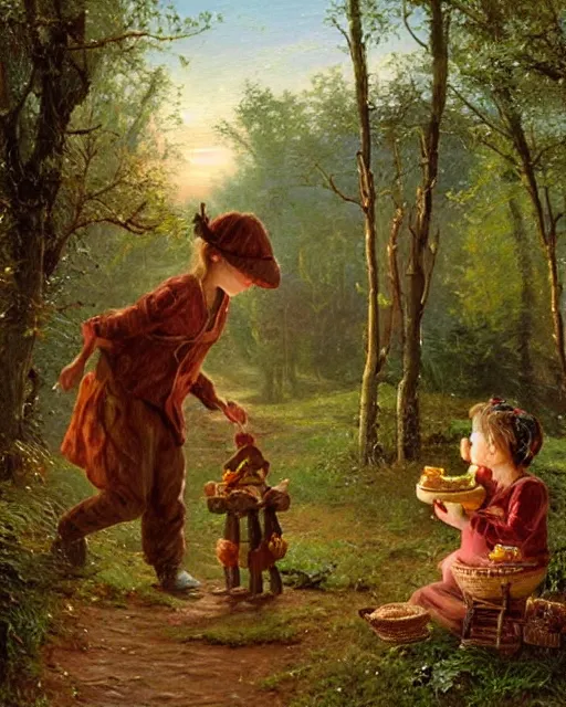 Image similar to an oil painting of a young, poor peasant brother and sister lost in the forest, with a witch's gingerbread house coverd in candy, by thomas kincade, ivan shiskin, and james gurney