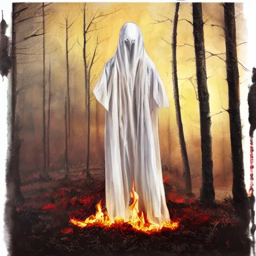 Prompt: ominous bedsheet ghost standing in a burning forest, oil painting, brush strokes, gloomy foggy atmosphere, symmetrical, full body image, highly ornate intricate details,