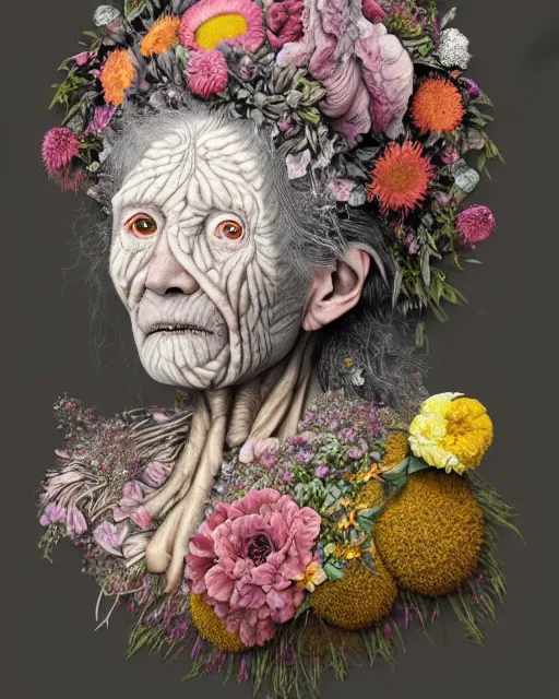 Image similar to a portrait of a fleshy old woman covered in flowers in the style of guiseppe arcimboldo and james jean, covered in wispy gray hair with a hint of neon, hd 3 d, highly detailed and intricate. centred in image.