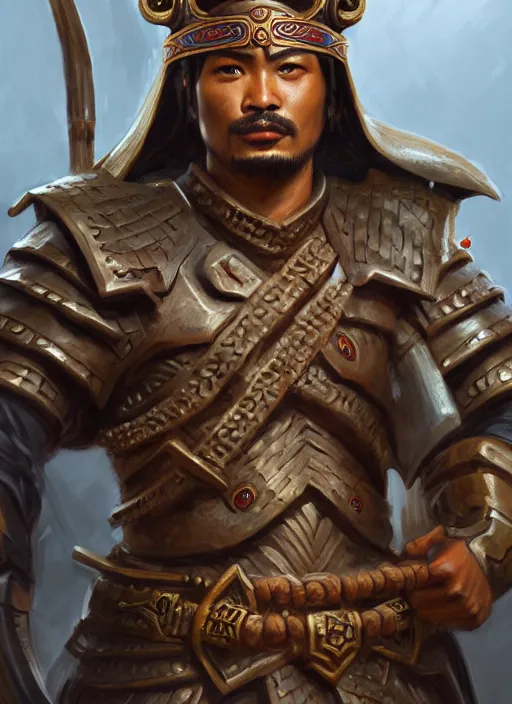 Image similar to smart tai warlord, closeup portrait, smooth - faced, historical hero, ethnic group, tai costume, bronze headdress, intricate, with leather armor cross on bare chest, elegant, loin cloth, highly detailed, oil painting, artstation, concept art, matte, sharp focus, illustration, hearthstone, art by earl norem