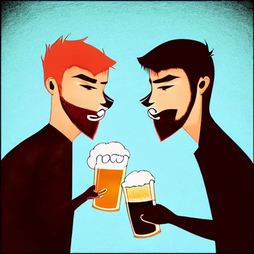 Image similar to two beautiful chad men drinking beers, many hearts, friendship, love, sadness, dark ambiance, concept by Godfrey Blow, featured on deviantart, drawing, sots art, lyco art, artwork, photoillustration, poster art