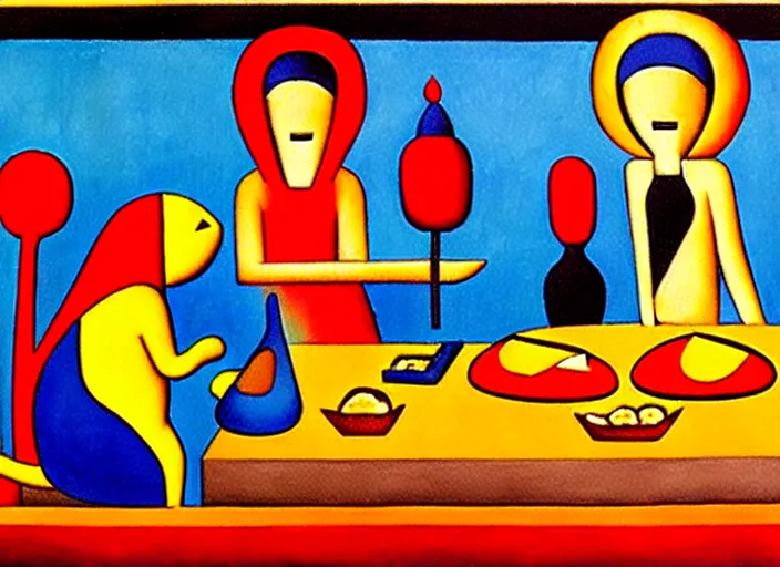 Image similar to a temple to pizza by Tarsila do Amaral