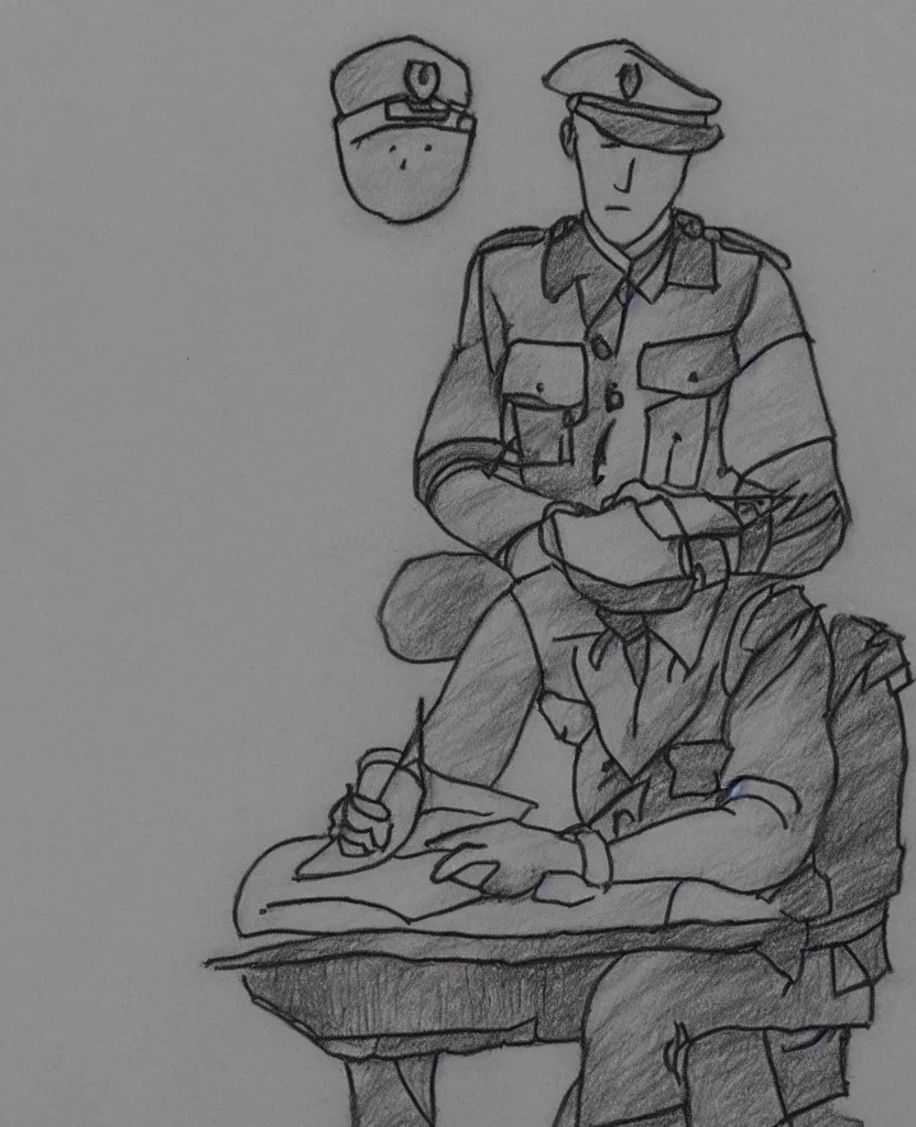 Prompt: cog video still frames of a drawing of a soldier writing a letter to home, in wwii, stop motion, minimal, black and white