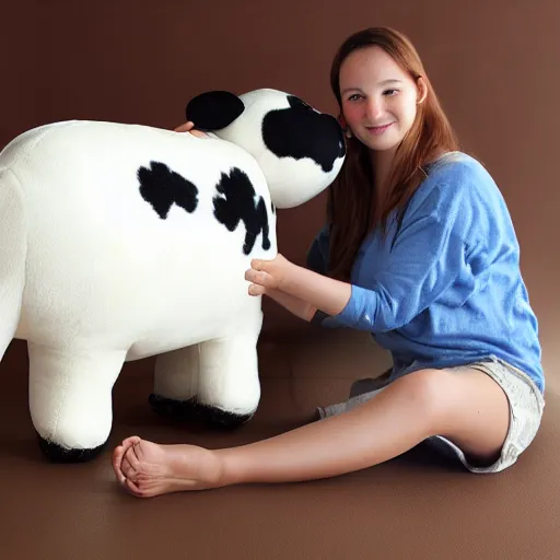 Prompt: squishmallow plush stuffed animal cow with brown spots