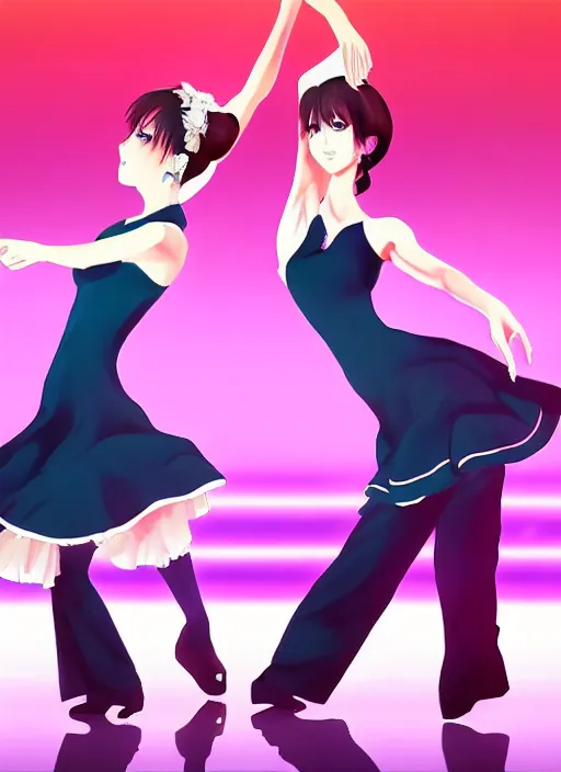 Prompt: two beautiful mature idols dancing on stage, gorgeous faces, smooth, thick lines, cinematic lighting, detailed anime art