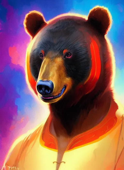 Image similar to portrait of anthropomorphic asian black bear, colorful, highly detailed, digital painting, artstation, concept art, smooth, sharp focus, illustration, art by artgerm and greg rutkowski and alphonse mucha