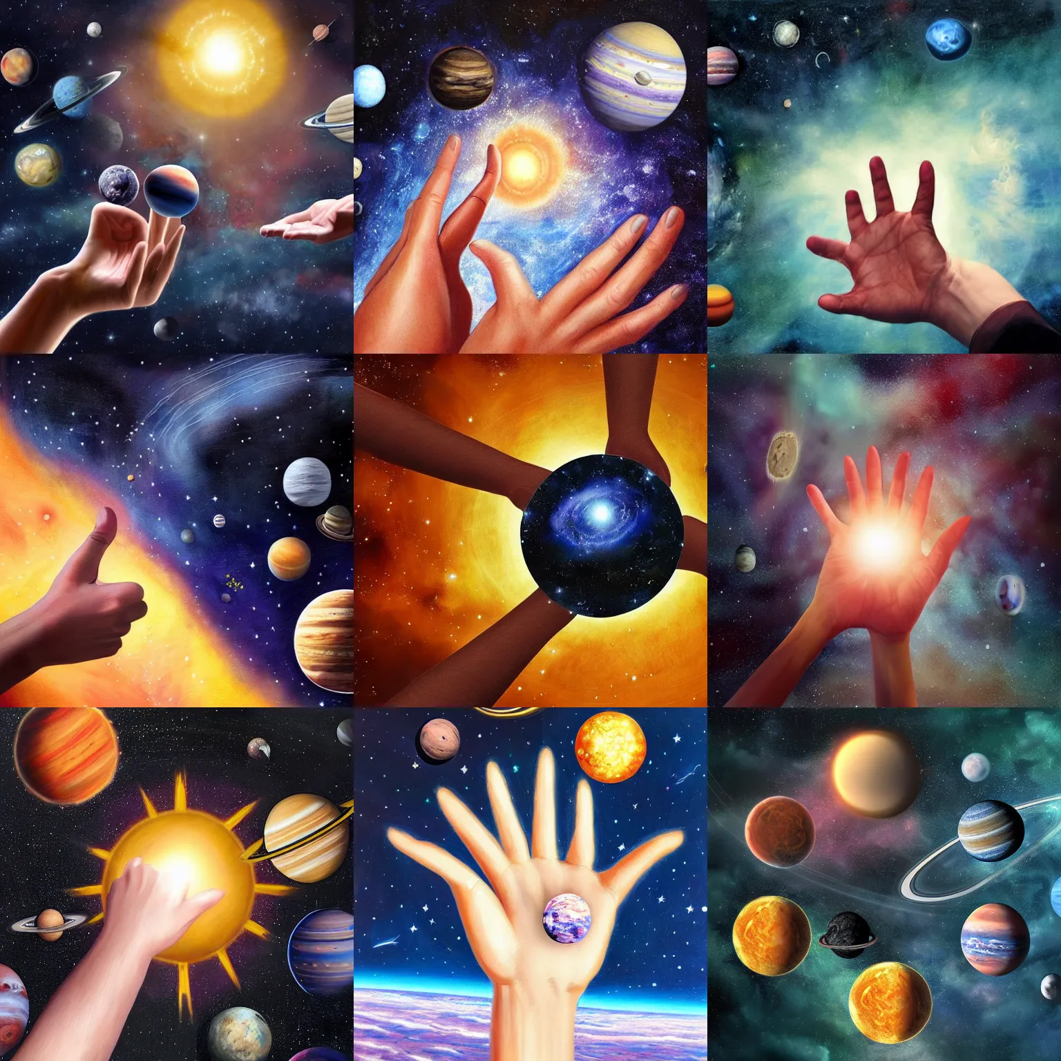 Prompt: a hand with the Solar System, space background, realistic painting, classical painting, high definition, digital art, matte painting, very detailed, realistic