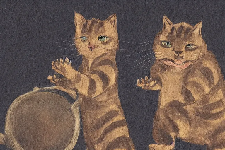 Image similar to a high detail paint of Two cats dancing around Jomon pottery, in simple background, concept art, mad painting