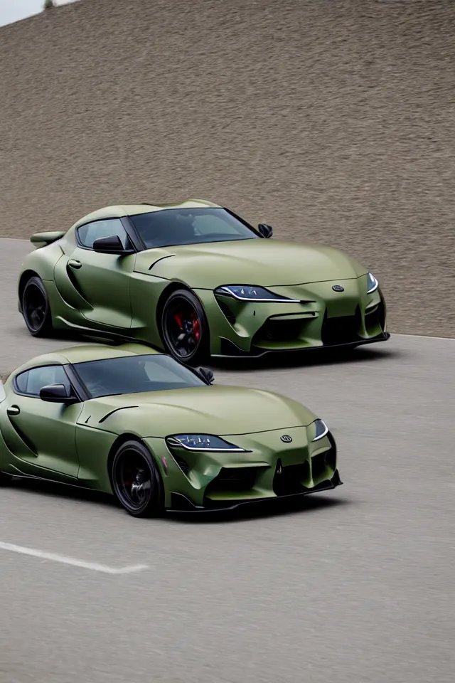 Prompt: Matte olive green Toyota Supra mk5 on highway, hyper realistic, car photography, 8k,