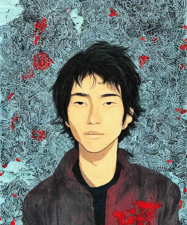 Prompt: a half - body portrait of a happy teenage japanese man, his hair is messy and unkempt, he is wearing an embroidered red leather jacket, dynamic background, a masterful illustration by otomo katsuhiro and terada katsuya, realistic proportions!!, correct anatomy!!, high camera angle!!