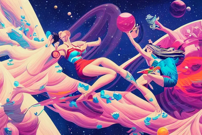 Image similar to supermodel pillow fight in space, tristan eaton, victo ngai, artgerm, rhads, ross draws