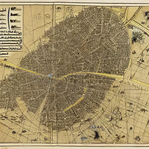 Image similar to map of circular city Baghdad at Abbasid caliphate age by lenardo da Vinci