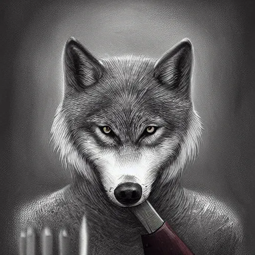 Image similar to wolf like a human, holding brush, artwork by Antón Semenov,