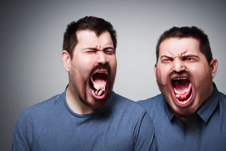 Image similar to picture of two angry men with gigantic mouths screaming at eachother beautiful lighting studio portrait full shot