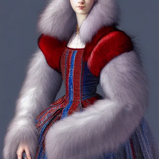 Image similar to a show design by leonardo davinci design by balenciaga ,fur,blue and red,pastel colours ,white background ,hyper realistic,highly detailed,fashion design, baroque, matte painting, concept art, hdri, 4k -