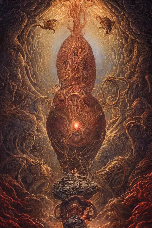 Image similar to A beautiful detailed tarot card, by tomasz alen kopera and Justin Gerard, symmetrical features, ominous, magical realism, texture, intricate, ornate, royally decorated, whirling smoke, embers, red adornements, red torn fabric, radiant colors, fantasy, trending on artstation, volumetric lighting, micro details, 3d sculpture, ray tracing, 8k, anaglyph effect