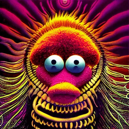 Image similar to animal the muppet on tool album cover, 8 k resolution hyperdetailed scary dystopian surrealism style of alex grey