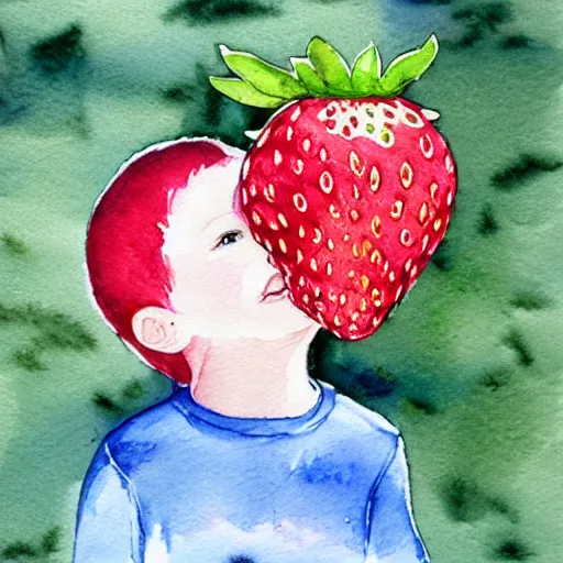 Prompt: watercolor illustration of strawberry child