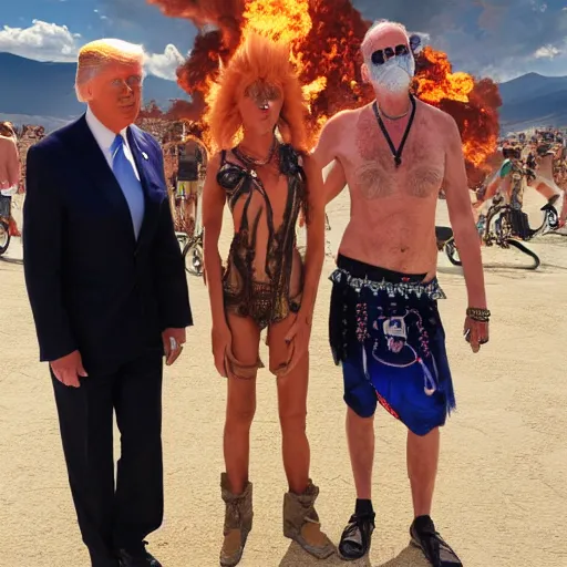 Prompt: photo of evil Joe Biden attending burning man with ecofeminist xenofeminist Donald Trump and a catboy Nick Land, photorealism, extremely detailed, soft lightning, playa, HD