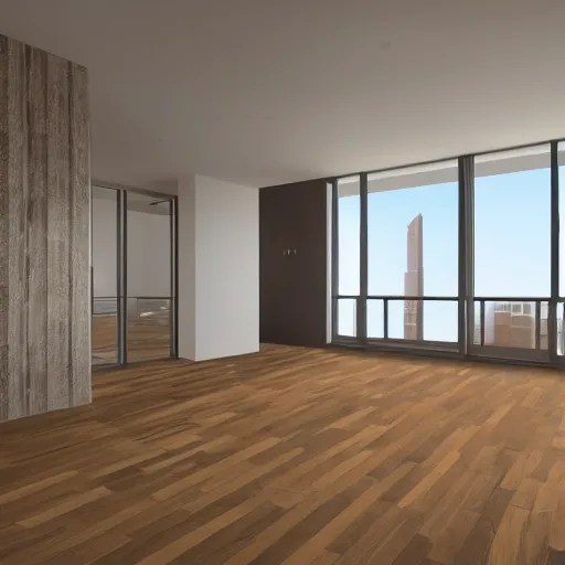 Prompt: a modern apartment with wood floors in a high-rise building downtown ultra-realistic 3D render architecture