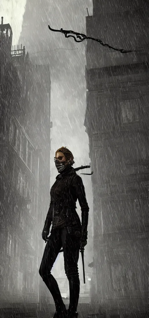 Image similar to annie leonhart in dunwall city wearing corvo attano's mask, redshift render, cinematic lighting, rainy weather, melancholy atmosphere, dunwall city, volumetric light, octane render, dishonored game, dishonored 1, gothic architecture, realistic reflections, octane render 8 k, view from air