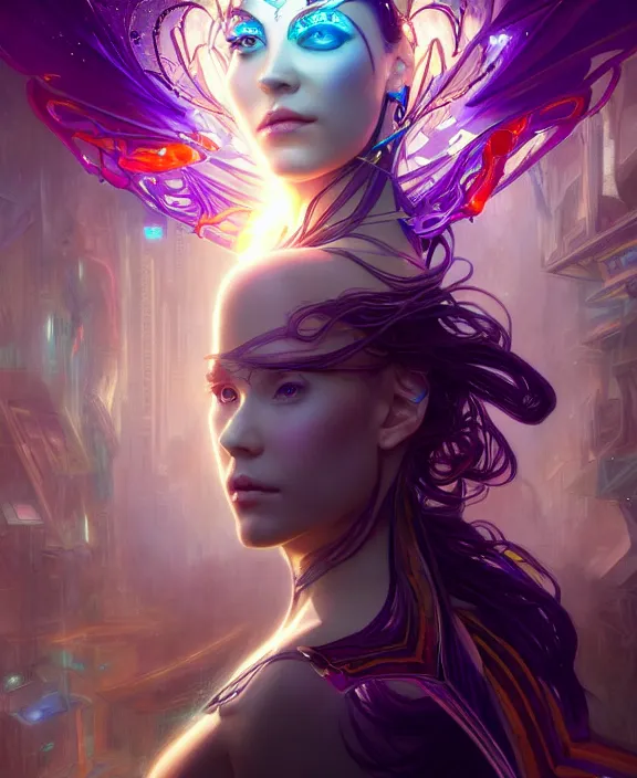 Image similar to a whirlwind of souls rushing inside the metaverse, half body, glowin eyes, tiara with sapphire, pharaoh, android, cyberpunk, d & d, fantasy, intricate, elegant, highly detailed, colorful, vivid color, digital painting, artstation, concept art, art by artgerm and greg rutkowski and alphonse mucha and ruan jia