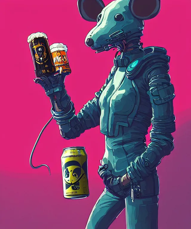 Prompt: a portrait of an anthropomorphic cyberpunk mouse holding a can of beer, cyberpunk!, fantasy, elegant, digital painting, artstation, concept art, matte, sharp focus, illustration, art by josan gonzalez