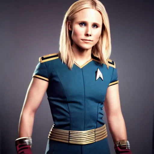 Prompt: a beautiful full body photograph of kristen bell as a star fleet officer from star trek next generation, extreme realism and detail, 8 k, completely framed, direct lighting, 3 5 mm photo, photorealistic, sharp focus