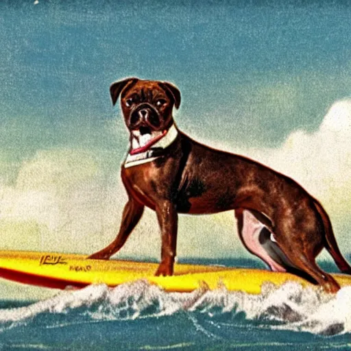 Image similar to staffordshire terrier boxer mix, riding a surfboard, as a vintage hawaiian postcard