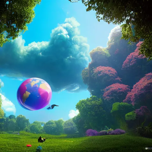 Image similar to earth upside down, cloud houses, trees floating in sky, birds walking, animals flying,, 3 d render, illustrated, incredible details, highly detailed, colorful, photorealistic, disney pixar, octane render, iridescent, anime, 8 k