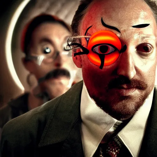 Image similar to a man with 3 eyes, man with a 3rd eye in the middle of his forehead, an awkwardly tall mad scientist with a 3rd eye a tangled orange beard balding head and unruly red hair wearing a labcoat, high resolution film still, movie by Robert Zemeckis and Ivan Reitman, 3rd eye in the middle of his forehead