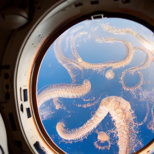 Prompt: stunning photo of a kraken seen outside the window of the ISS, beautiful ambient light, golden hour, 85mm f1.8