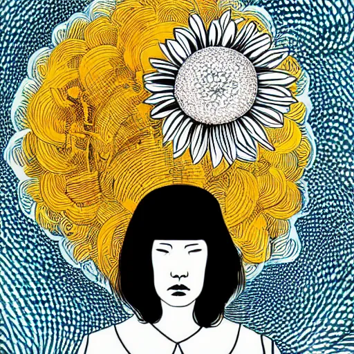 Image similar to portrait, huge daisy flower as a head, woman in modern apartment, surreal, dramatic light, by victo ngai by james jean, by rossdraws, frank franzzeta, mcbess